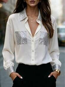 Women's Autumn Fashion White Sequin Patch Pocket Long Sleeve Button-Up Shirt Collar Polyester Blouse, Dropped Shoulder Design, Showcasing Fashionable Style - White - View 4