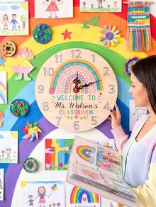 Personalized Custom Name Wooden Wall Hanging Clock, Silent Non‑Ticking Round Timepiece, Thoughtful Customized Teacher Appreciation Present, Boho Rainbow Home Interior Wall Decoration Accessory - Multicolor - View 9
