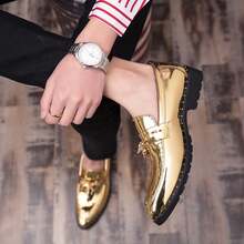Men's Shiny Metallic Tassel Loafers Slip-On Brogue Carved Rivet Thick Sole Party Stage Formal Leather Shoes - Gold - View 4