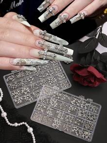 24pcs/Box Punk Gothic Style Silver 3D Multi-Style Rhinestone Cross Metal Nail Art Charms DIY Wearable Nail Decoration Accessories - Multicolor - View 1