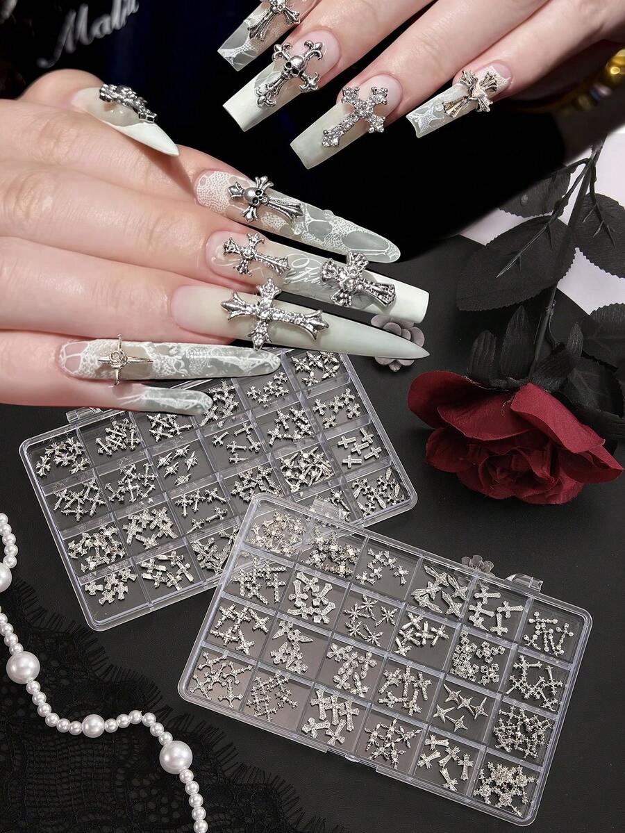 24pcs/Box Punk Gothic Style Silver 3D Multi-Style Rhinestone Cross Metal Nail Art Charms DIY Wearable Nail Decoration Accessories - Multicolor - View 1