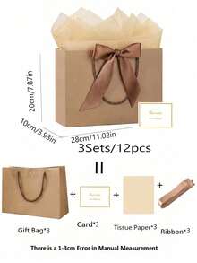 4pcs Kraft Paper Gift Bags, Includes 1 Gift Bag, 1 Tissue Paper And 1 Card With Ribbon, Shopping Bag, Packaging Bag With Handle, Handbag With Bow, Premium Paper Bag, Suitable For Girls' Wedding Party, Christmas, Thanksgiving, New Year, Wedding, Birthday, Valentine's Day Bridesmaid, Girlfriend Gathering Gift, Valentine's Day And Other Occasions - Multicolor - View 12