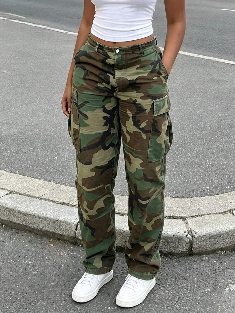 女士迷彩图案牛仔休闲工装裤,美式街头时尚度假春季款 - 軍綠色 - 查看 1