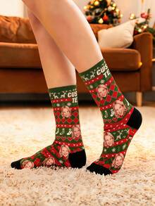 Custom Blonde Female Face Nordic Knit Pattern Polyester Crew Socks With Christmas Reindeer Heart Snowflake Print & Custom Text Cuff - Multicolor - View 3