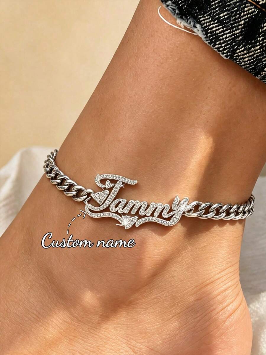 Customized Personalized Name Anklet For Women, Name Plate Pendant Anklet, Gift For Her, Stainless Steel Jewelry - Silver-frosted - View 1