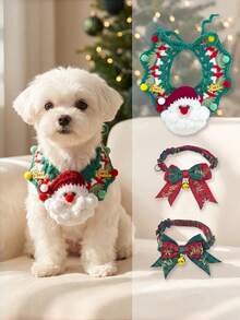 Set di 3 pezzi di costumi natalizi per animali domestici, 2 stili con collare a fiocco con campanello, bavaglino di Babbo Natale lavorato a maglia a mano, accessori fotografici per gatti e cani di piccola taglia - Multicolore - Visualizzare 1