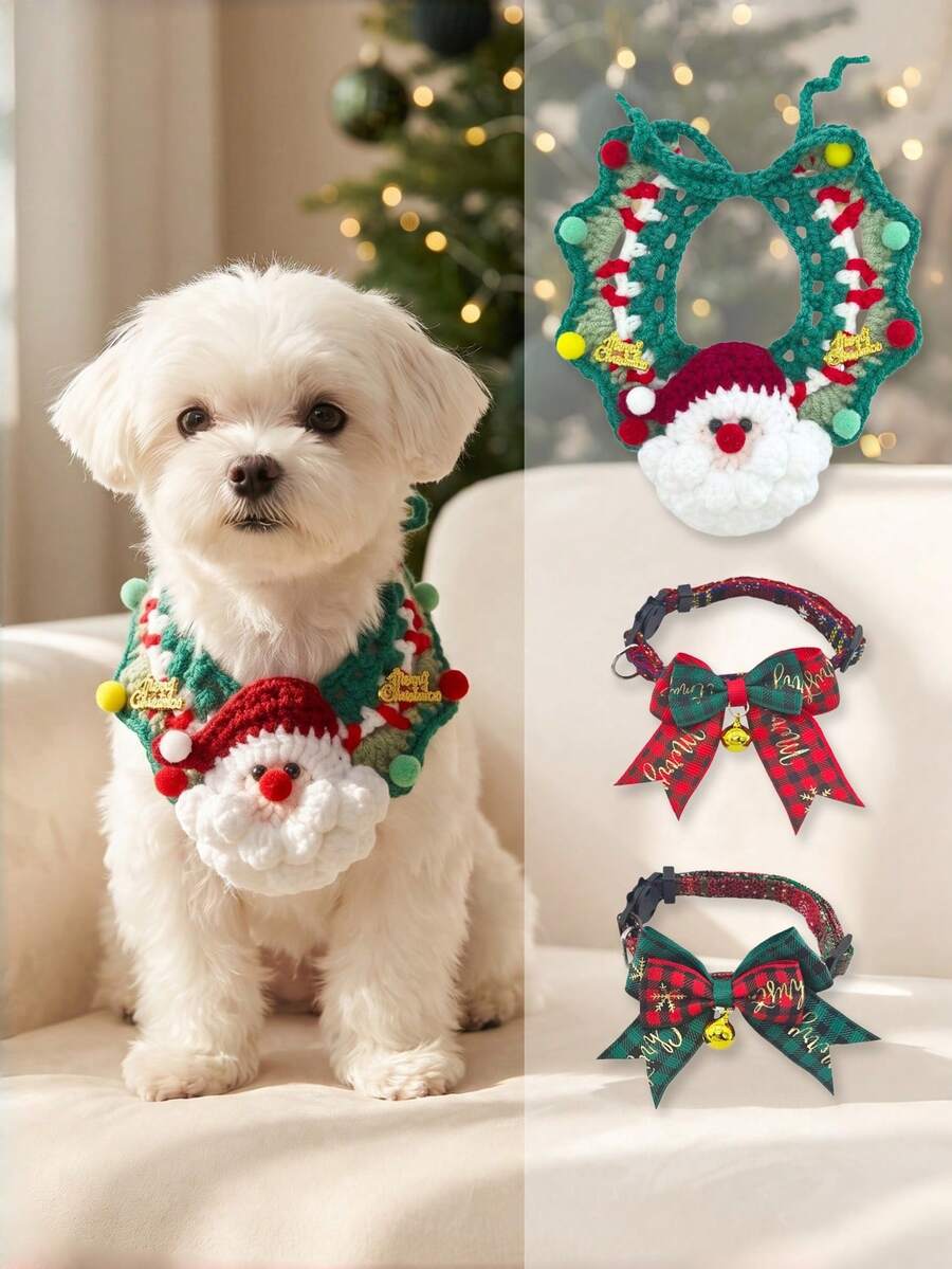 Set di 3 pezzi di costumi natalizi per animali domestici, 2 stili con collare a fiocco con campanello, bavaglino di Babbo Natale lavorato a maglia a mano, accessori fotografici per gatti e cani di piccola taglia - Multicolore - Visualizzare 1