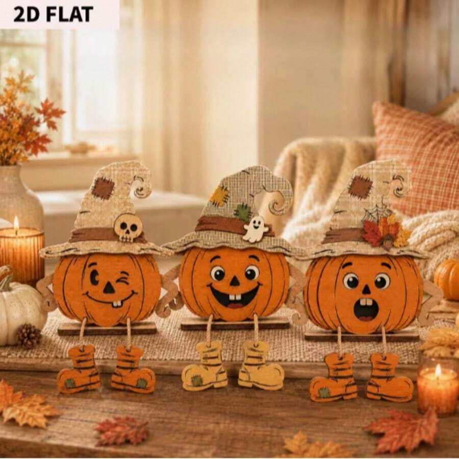 2D Flat, 3pcs Autumn Wooden Decorative Plaques, Thanksgiving, Wall Decor, Party Decoration, Perfect Holiday Gift, Tabletop Decor, Suitable For All Occasions, Vintage, Pastoral, Home, Harvest Season, Pumpkin, Maple Leaf Elements, Halloween Decoration, With Base For Placement, Creative Design, Home Decor, Decorative Signs And Plaques, Decorative Sign - C - View 1