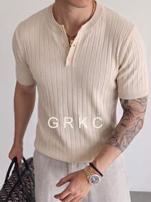 GRKC Men's Henley Collar Short Sleeve Knit Fabric Slim Fit Commuter Style Vertical Ribbed Solid Color Knit Top Spring/Summer - Apricot - View 4