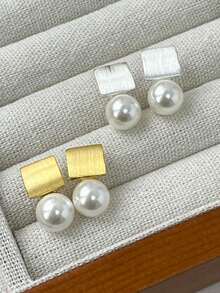 1pair Gold/Silver French Vintage Brushed Matte Shell Pearl Geometric Square Stud Earrings–Elegant Minimalist,For Daily,Vacation,Travel,CasualWear,Gift - Geometry - View 3