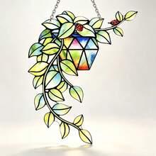 Colorful Rhinestone Flower Pot Vine Ladybug Hanging Window Decor, Fresh Green Leaf Creative Sunlight Catching Hanging Ornament, Translucent Art Pendant, Bedroom Window Entryway Wall Hanging Decor, Mori Style Home Soft Furnishing, Unique Atmosphere Housewarming Gift - A - View 3