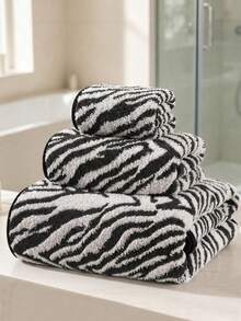 1pc/2pcs Approx. 13*30in/28*55in Thickened Zebra Stripe Coral Fleece Face Towel And Bath Towel, Super Soft, Absorbent, Quick Drying, Suitable For Swimming, Spa, Home Bathroom Shower, Back To School - Black and White - View 16