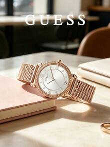 GUESS Women's Minimalist 2-Hand Radial Dial Rhinestone Embellished Milanese Metal Mesh Strap Office Formal Watch W1289L3 - Rose Gold - View 2