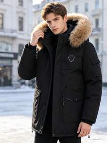 Men's Detachable Faux Fur Hood Workwear Parka Jacket, Winter Short Multi-Pocket Outdoor Windproof Thick Hooded Coat - Black - View 1