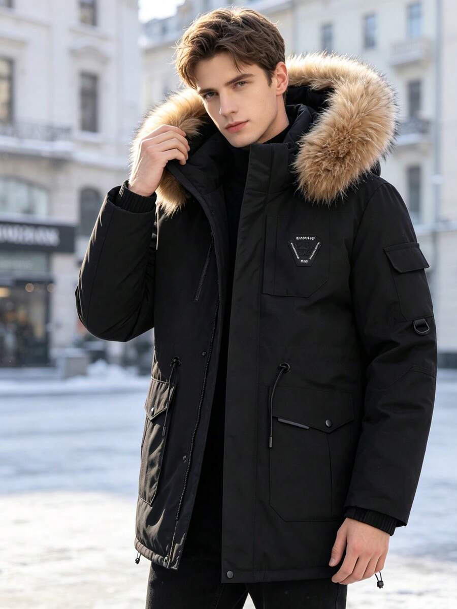 Men's Detachable Faux Fur Hood Workwear Parka Jacket, Winter Short Multi-Pocket Outdoor Windproof Thick Hooded Coat - Black - View 1