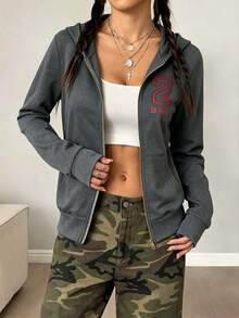 Happy Girl Casual Chic Numeric Print Fitted Drawstring Sweatshirt Crop Top, Serbaguna Untuk Musim Semi/Panas, Gaya Jalanan, Perjalanan, dan Pakaian Sehari-hari - Dark Grey - View 5
