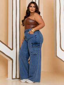 CALÇA JEANS PLUS SIZE WIDE LEG CARGO CINTURA ALTA - Lavagem escura - Visão 2