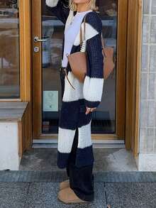 Live To Mo Women's Color Block Striped Hollow Out Long Knit Cardigan, Lantern Sleeve Long Sweater Jacket, Suitable For Autumn Back To School, Daily Casual Outings - Blue and White Stripes - View 2