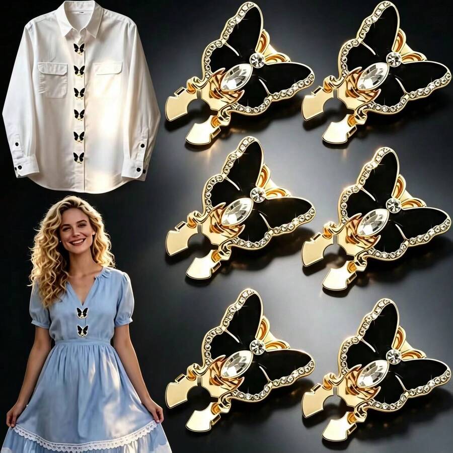 6pcs Black Butterfly Button Covers, Detachable Alloy Snap Buttons, Universal Decorative Buttons For Tops, Dresses And Cardigans