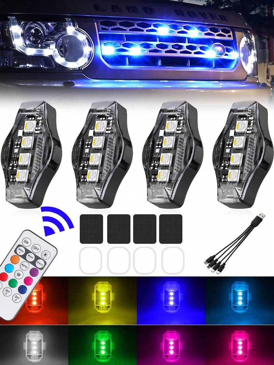 4/2pcs Wireless LED Strobe Lights With Remote Control, USB Rechargeable, 8-Color High Brightness Waterproof Anti-Collision Warning Lights, Suitable For Cars, Motorcycles, Drones, Trucks, Bicycles (Activate Before Use, Unplug After 2 Seconds Of Powering On)