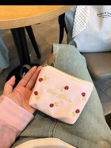 日韓風小眾設計 Ins 風可愛卡夾零錢包，字母與花朵刺繡，小口紅收納袋，清新便攜收納包，高顏值零錢包 - 粉色 - 查看 7