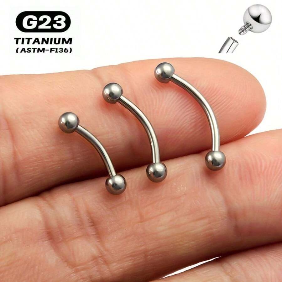 3pcs G23 Titanium Alloy Curved Eyebrow Piercing Jewelry, Lip Stud, Lip Jewelry, Cartilage Ear Piercing, Tragus Ear Piercing, Body Jewelry, 16G - Silver - View 1