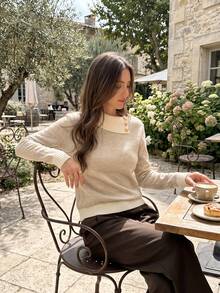 Colorblock Loose Fit Collared Elegant Women's Sweater, Autumn/Winter Fall - Apricot - View 6