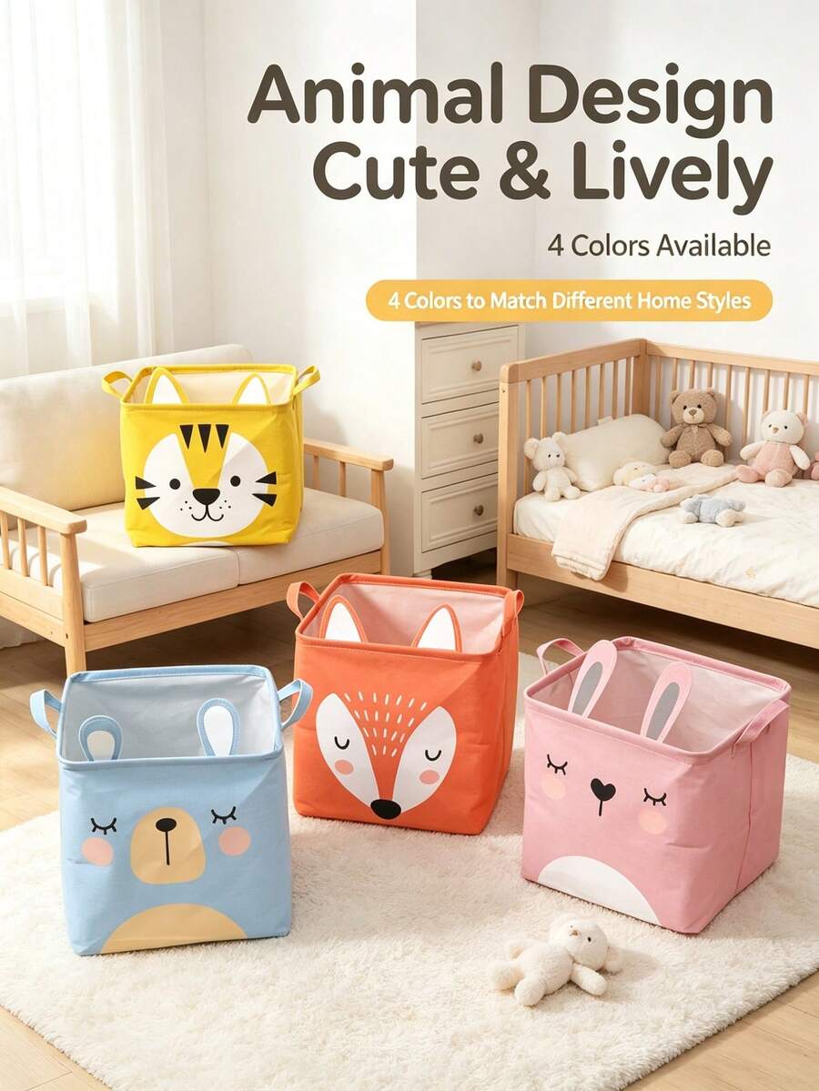 4/1pc Fabric Cartoon Children's Clothing Storage Bucket, Foldable Baby Toy Storage Basket, Dust-Proof Dirty Clothes Basket, Back To School Season Gift - Multicolor - View 1