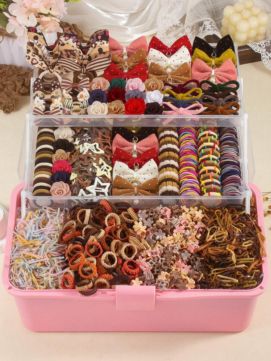 863pcs Faux Suede Brown Tone Vintage Girls Hair Accessories Set, Includes Bow/Flower Hair Clips, Star Snap Clips, Mini Claw Clips, Bow/Rabbit Ear Hair Ties, Bamboo Knot Towel Scrunchies, Ruffle Elastic Hairbands And TPU Rubber Bands, Suitable For Daily, Party, Travel Use - Multicolor - View 1