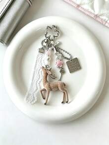 Deer Keychain Pendant, Lace Pearl Bow Bag Charm, Korean Sweet Clover Backpack Hanging Chain, Y2K Sweet Girl Style Gift - Multicolor - View 5
