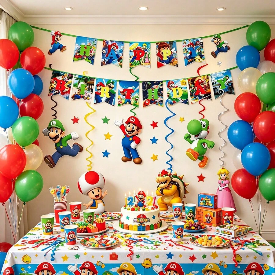 Cartoon Super Game Theme Party Banner, Hanging Spiral Decoration, Party Bunting, Cartoon Character Cosplay Props, Holiday Party Birthday Party Decoration - Multicolor - View 1