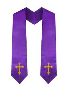 1pc Embroidered Pastor Shawl, White Traditional Church Choir Shawl With Embroidered Cross, Men's Wedding Officiant Pastor Robe Accessory, Halloween Costume Accessory - A - View 3