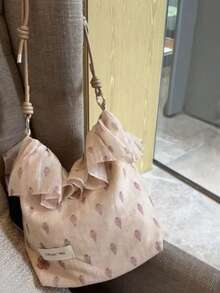 Back To School Season Niche Design INS Style Floral Ruffle Trim Dress Bag Large Capacity Underarm Bucket Bag Commute Outing Daily Artistic Canvas Shoulder Crossbody Bag - Multicolor - View 3