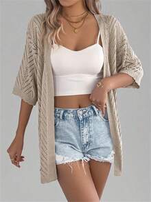 Plus Size Women's Casual Elegant V-Neck Bell Sleeve Short Sleeve Cardigan Beach Party Going Out Summer Office - Khaki - View 5