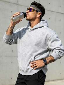 Men's Solid Color Drop Shoulder Long Sleeve Drawstring Pocket Casual Sweatshirt, Autumn/Winter, Back To School Sports - Light Grey - View 2