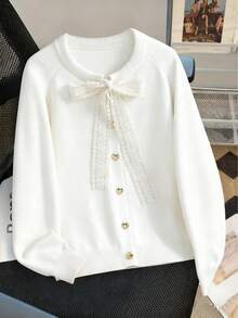 GIGOGOU 大尺碼 1XL-5XL 女款針織開襟毛衣，休閒長袖上衣，白色秋季服飾 - 白色 - 查看 3