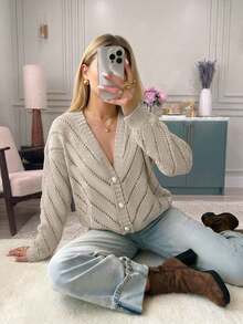 Women Autumn Casual Vintage Hollow Knitted Cardigan Top Back To SchoolSweater, With A Simple And Casual Style Suitable For Vacation And Date Wear. - Camel - View 9