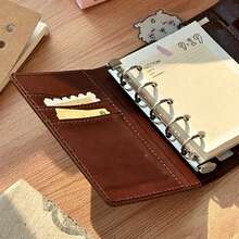 Vintage Dark Brown Triple Fold M5 5-Hole Loose-Leaf Binder Cover, Multi Pocket PU Leather Journal Planner With Refillable Inner Pages, Learning Supplies, Back To School Supplies, Portable Mini Hand Account Notebook For Students - A - View 5