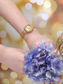 1件女款小方臉不鏽鋼錶帶藝術時尚復古石英手錶，適合日常佩戴 - 金色 - 查看 7