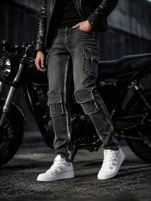 Ins Motorcycle Blogger Style Distressed Grey Ripped Raw Edge Cargo Denim Jeans With Multiple 3D Pockets Deconstructed Design Slim Fit Flattering Riding Denim Pants For Men - Grey - View 6