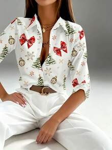 Christmas Snowflake & Bow Print Long Sleeve Shirt - Casual Polyester Top, Button Detail, Suitable For Holiday & Casual Wear, Digital Printing, Loose Fit - White - View 2