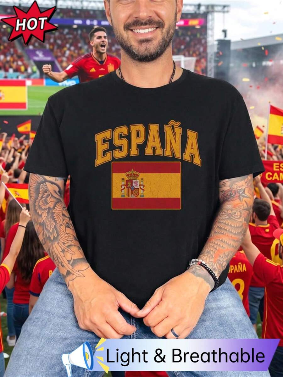 Vintage Spanish Shirt, Vintage Spanish Flag T-Shirt, Distressed Spanish Baseball Jersey Pattern T-Shirt, Gift Top For Spanish Pride European Travel En - Black - View 1