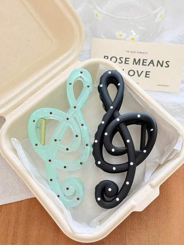 2pcs/Set Women 13cm/5.12in Mint Green & Black Polka Dot Vintage Musical Note Hair Claw Clips, Fashion Back Of Head Shark Hair Clips Hair Accessories, Versatile, Elegant & Minimalist, Suitable For Daily, Casual, Party, Beach, Vacation, Hairstyle Design, Face/Hair Washing, Makeup, Clothing Accessories, Spring Hair Claw, Summer Hair Claw, Autumn Hair Claw, Winter Hair Claw