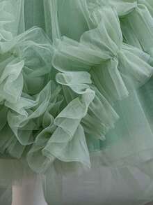 Tween Girl Sequin Decorated Asymmetrical Shoulder Bow Puff Cake Train Dress For Wedding Birthday Occasions All Season - Mint Green - View 11