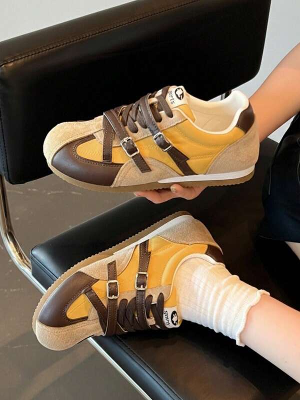 Cross-Strap Contrast Color Vintage Casual Shoes, Plus Size Women's Daily Outdoor Flat Training Shoes