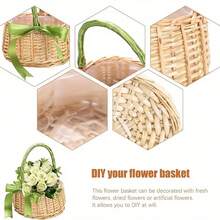 Handmade Woven Rattan Mini Handheld Flower Basket With Ribbon Bow, Exquisite Floral Arrangement Decorative Container, Outdoor Camping Picnic Fruit Storage Basket, Home Desktop Cabinet Sundries Organizer Storage Basket, Wedding Favor Photography Prop Versatile Woven Small Basket - Beige - View 5