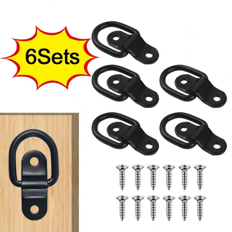 6 Sets D-Ring Anchors (6 D-Ring Anchors + 12 Screws), Surface Mount, Heavy Duty Black Metal Construction, Suitable For Rope And Chain, Truck Bed Accessories, Suitable For Trucks, Trailers, Boats, Pickups | Durable | Trailer Anchoring Solution