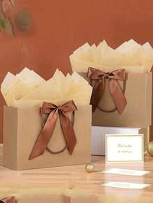 4pcs Kraft Paper Gift Bags, Includes 1 Gift Bag, 1 Tissue Paper And 1 Card With Ribbon, Shopping Bag, Packaging Bag With Handle, Handbag With Bow, Premium Paper Bag, Suitable For Girls' Wedding Party, Christmas, Thanksgiving, New Year, Wedding, Birthday, Valentine's Day Bridesmaid, Girlfriend Gathering Gift, Valentine's Day And Other Occasions - Multicolor - View 6