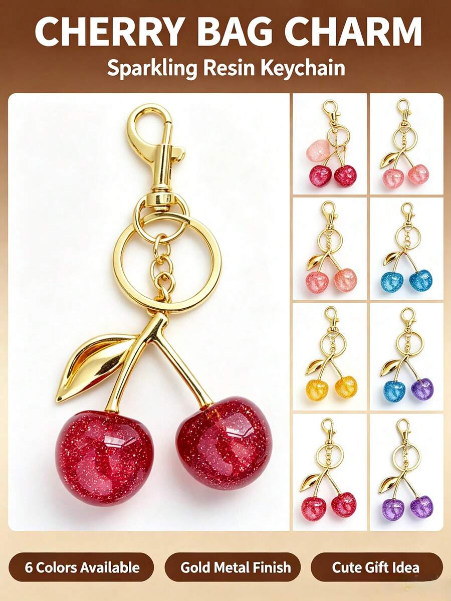 1pc Glitter Resin Cherry Bag Charm, Sweet Fruit Keychain With Lobster Clasp, Fashion Handbag Pendant Key Ring Accessory, Gift For Women And Girls - Cherry - View 1