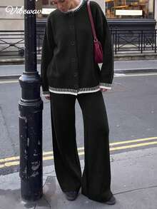 VIBEWAVE Contrast Binding Crew Neck Knit Cardigan Wide Leg Pants 2 Pieces Set, Old Money Style Solid Knit Outfit Fall Winter Casual Commute - Black - View 3